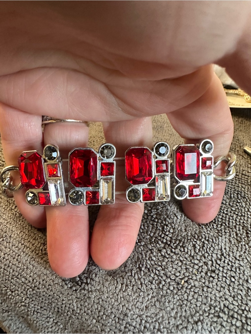 Source Unknown Red Crystal Art Deco Bracelet - Silver